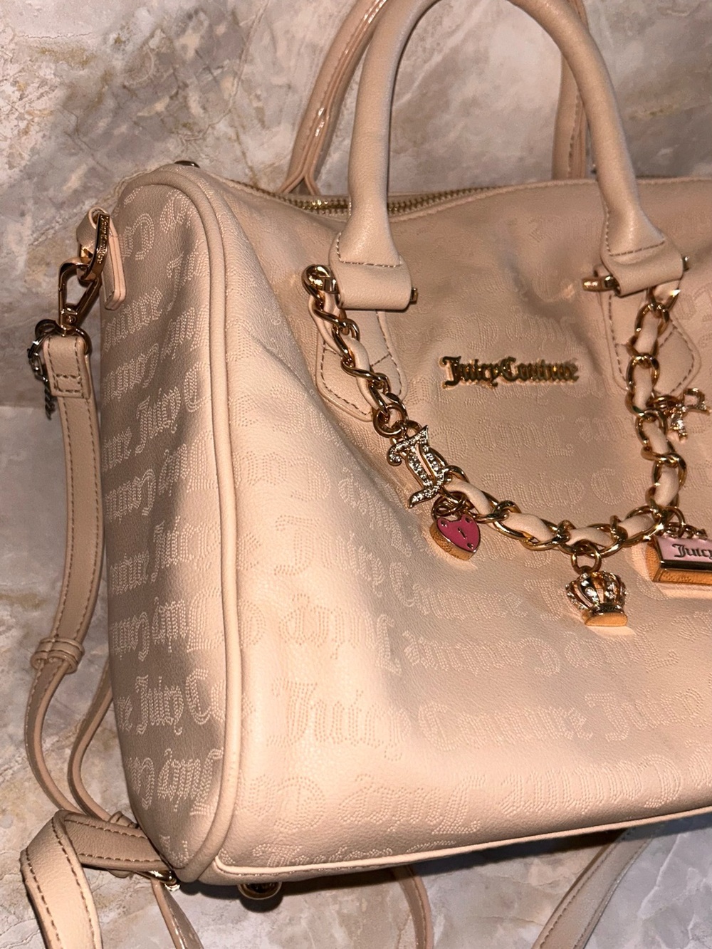 Juicy Couture Cream Blush Logo Satchel with Gold Charm Chain